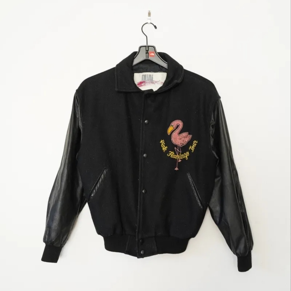 VINTAGE 1990 PINK FLAMINGO LEATHER BOMBER JACKET S